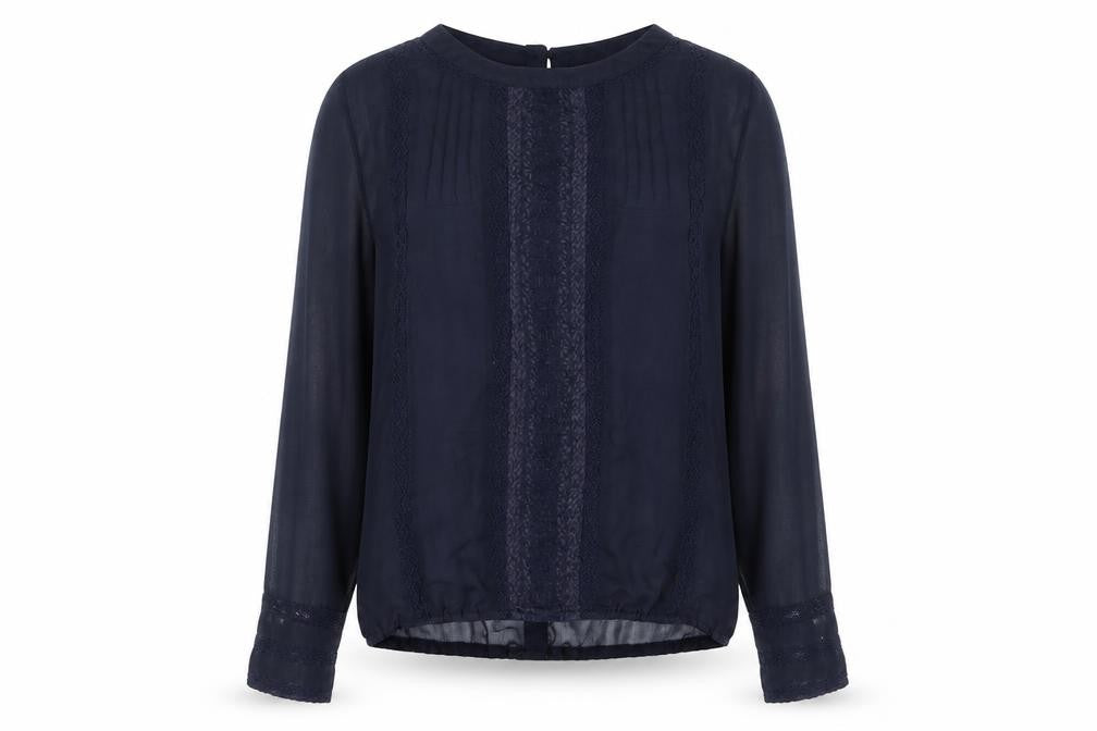 Front view of Dunnes women’s blue long sleeve chiffon blouse, size UK 10