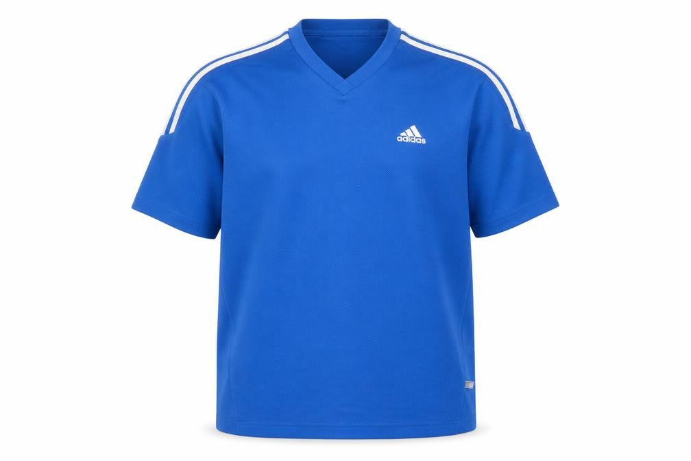 Front view of Adidas Men's Blue V-Neck Sports T-Shirt, size M, Short Sleeve