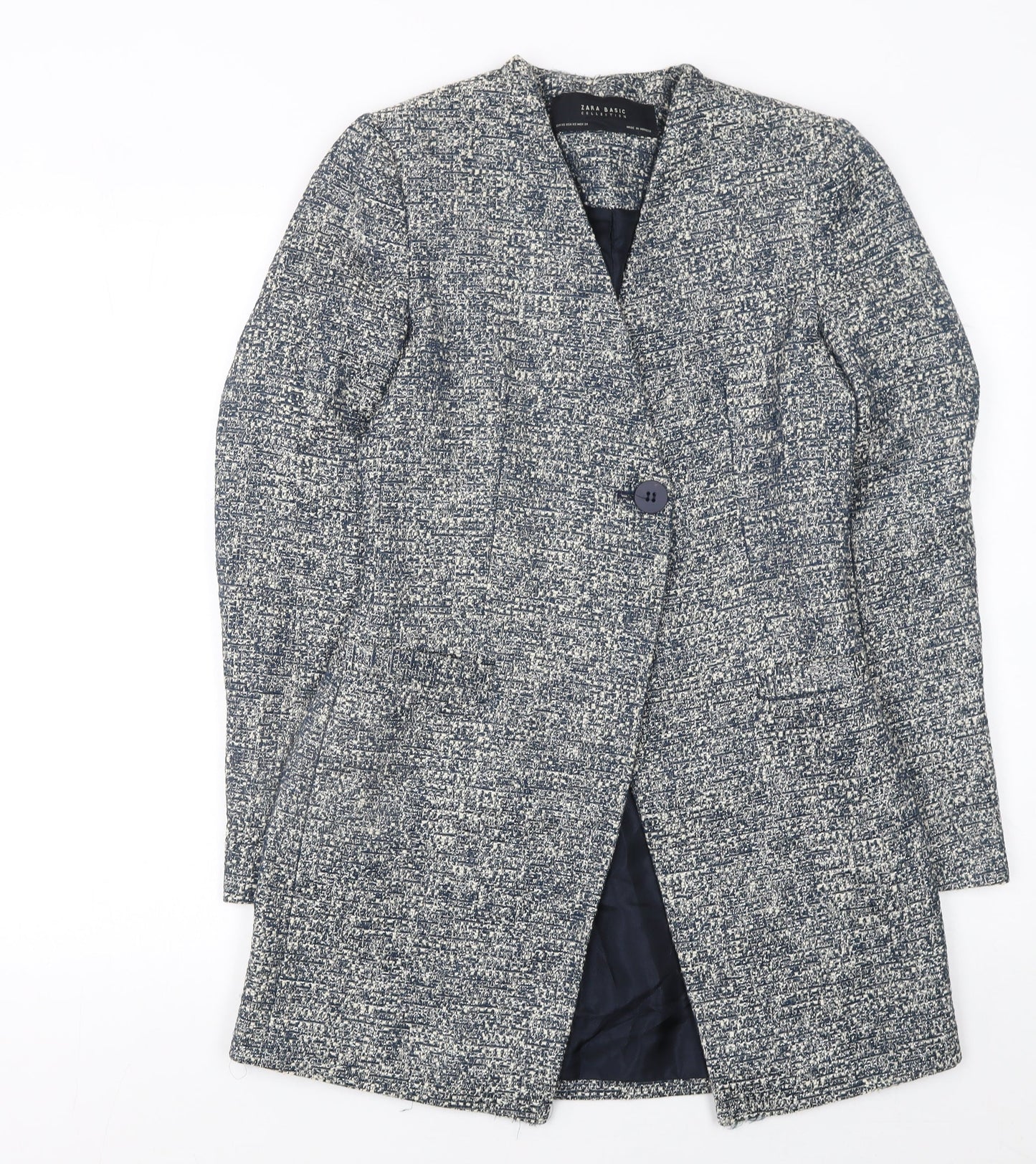 Zara Basic Women Grey Tweed Mid-Length One Button Blazer XS