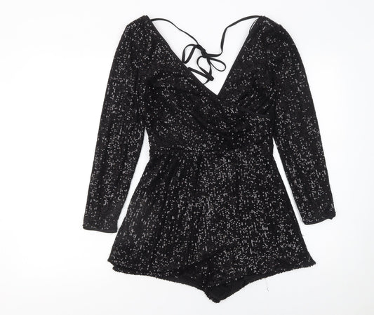 River Island Womens Black Sequin Long Sleeve V-Neck Playsuit UK 6