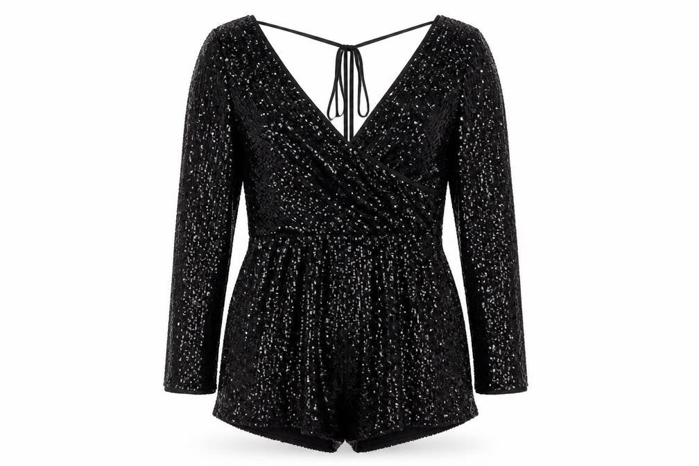 River Island Womens Black Sequin Long Sleeve V-Neck Playsuit UK 6