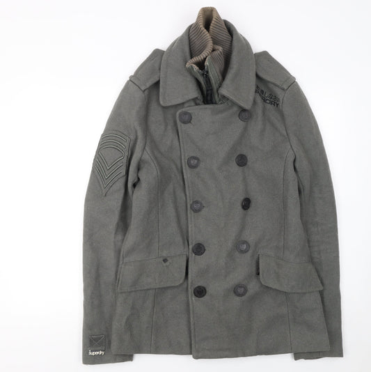 Superdry Men's Grey Wool Pea Coat Medium Military Style Jacket