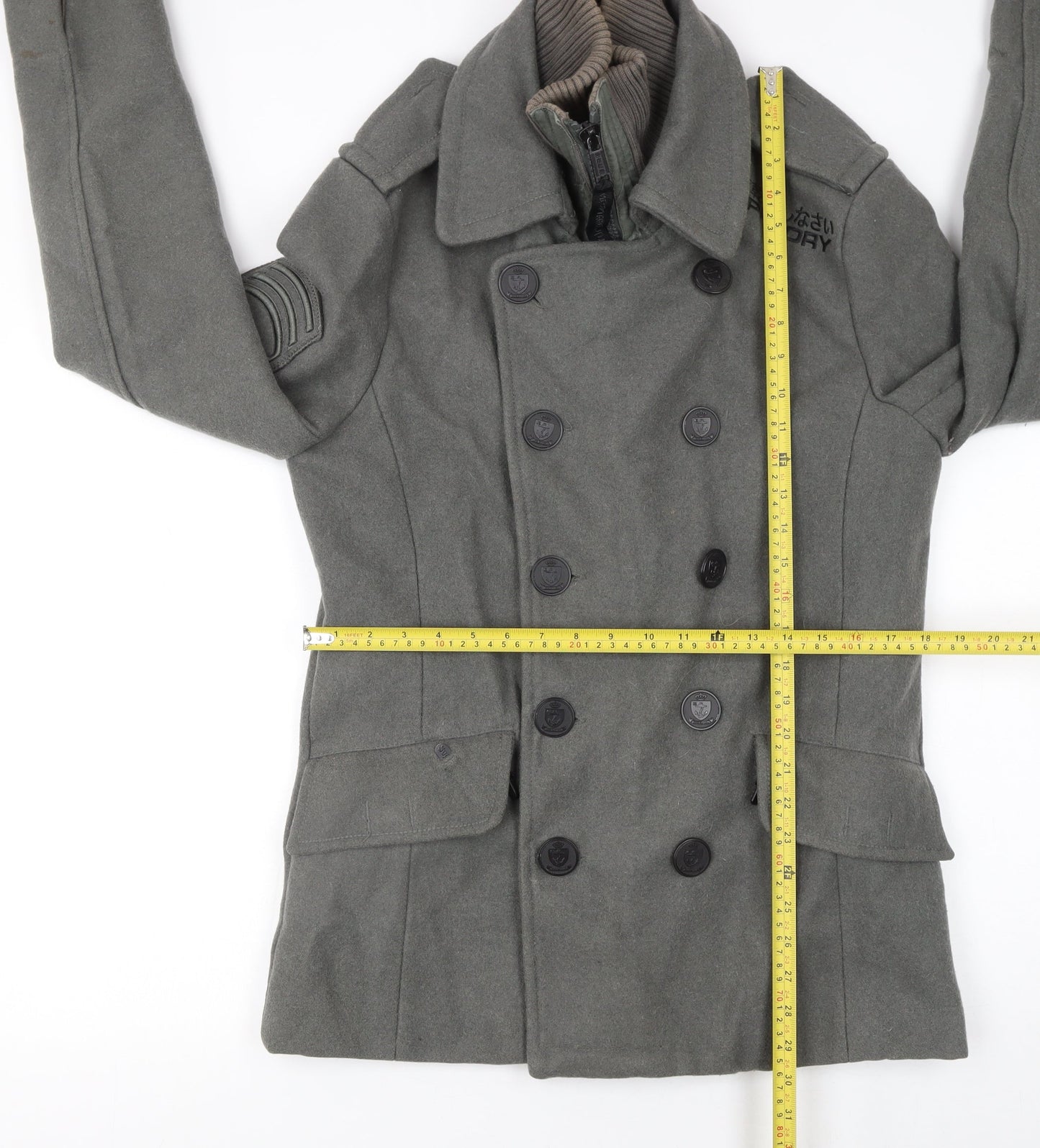 Superdry Men's Grey Wool Pea Coat Medium Military Style Jacket