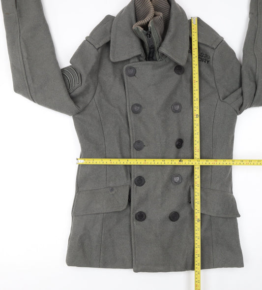 Superdry Men's Grey Wool Pea Coat Medium Military Style Jacket