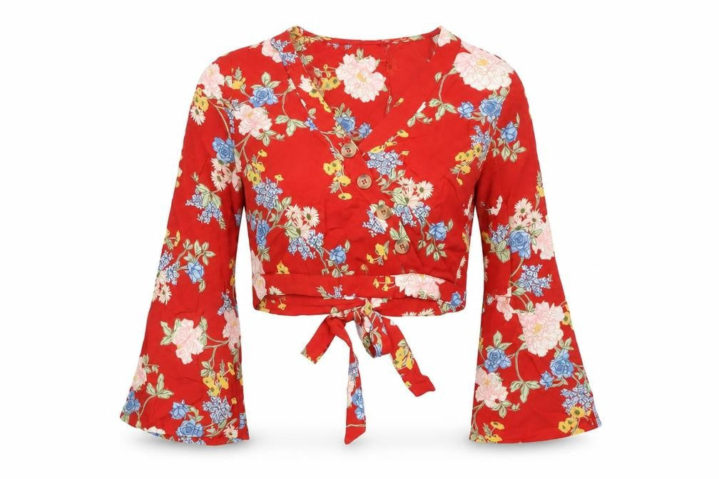 Front view of Miss Selfridge Women's Red Floral Wrap Crop Blouse UK 6 Viscose