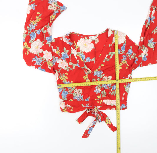 Miss Selfridge Women's Red Floral Wrap Crop Blouse UK 6 Viscose