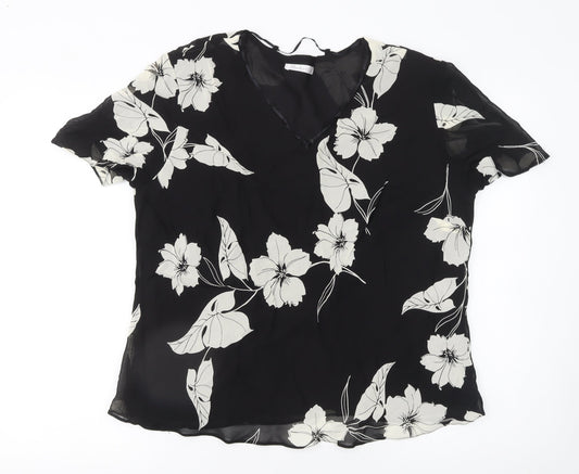 Berkertex Women’s Black Floral Chiffon V-Neck Short Sleeve Tunic Blouse Size 18