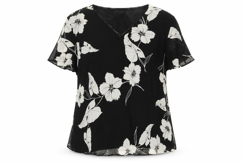 Berkertex Women’s Black Floral Chiffon V-Neck Short Sleeve Tunic Blouse Size 18