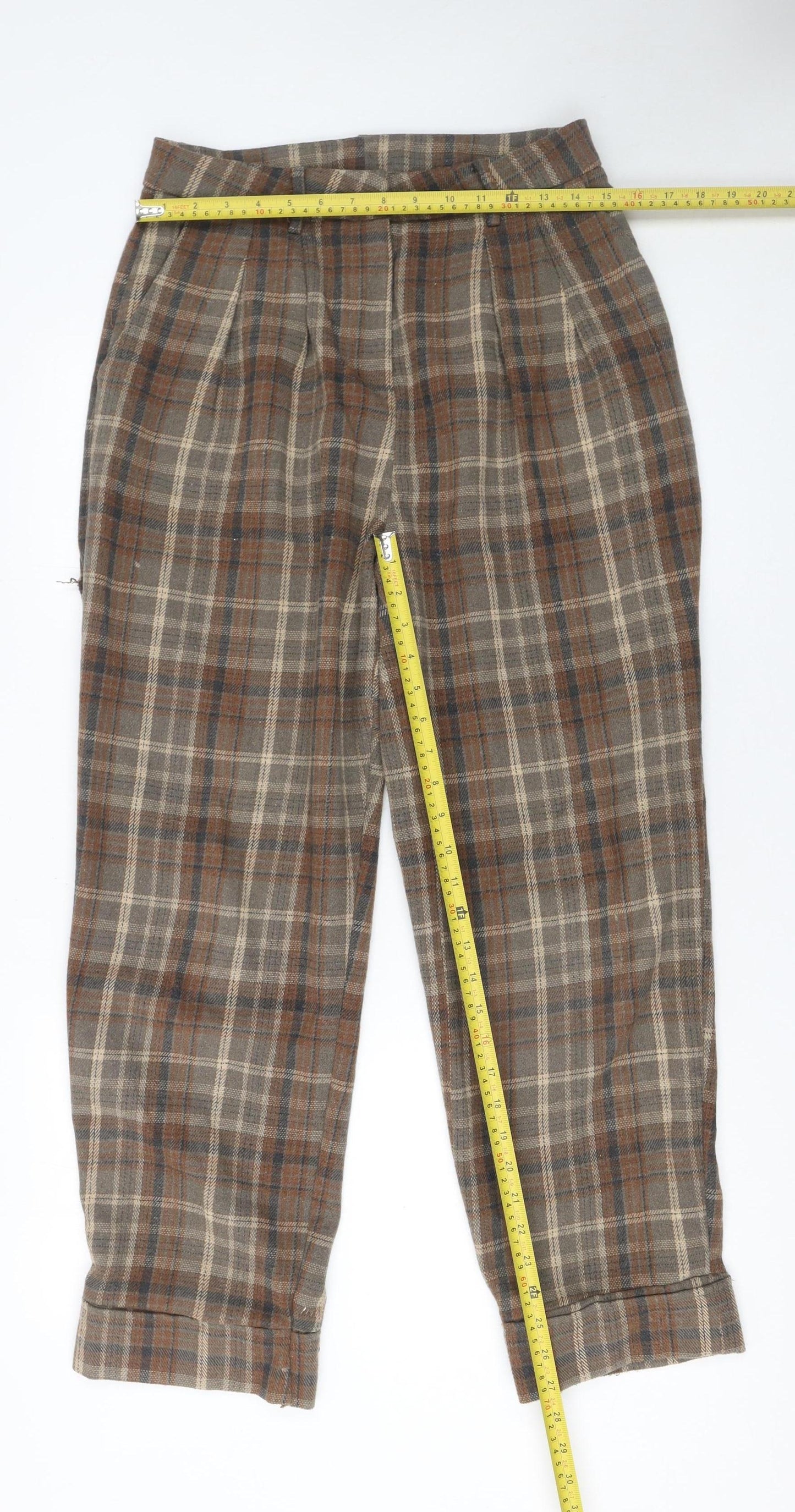 Anewsta Women's Brown Plaid Wool Blend Pleated Chino Trousers Size 10