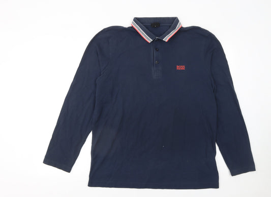 Hugo Boss Mens Blue Long Sleeve Cotton Polo Shirt XL Regular Fit