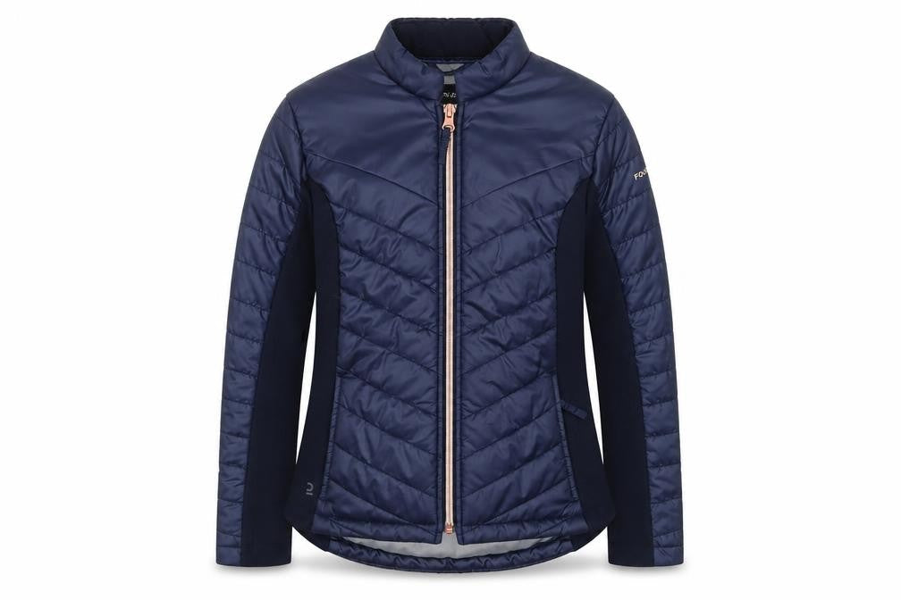 Front view of Fouganza boys’ blue 7-8 years softshell riding jacket - lightweight zip activewear