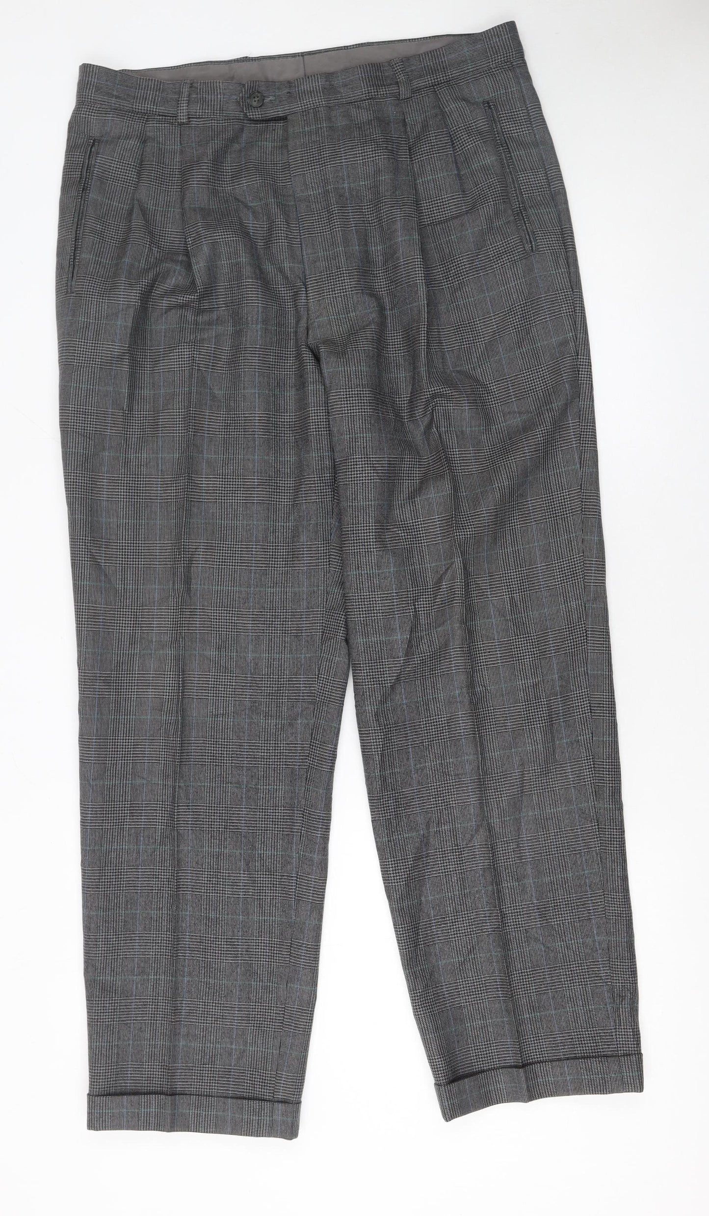 Jaeger Mens Grey Checked Wool Pleated Dress Trousers Size 36L