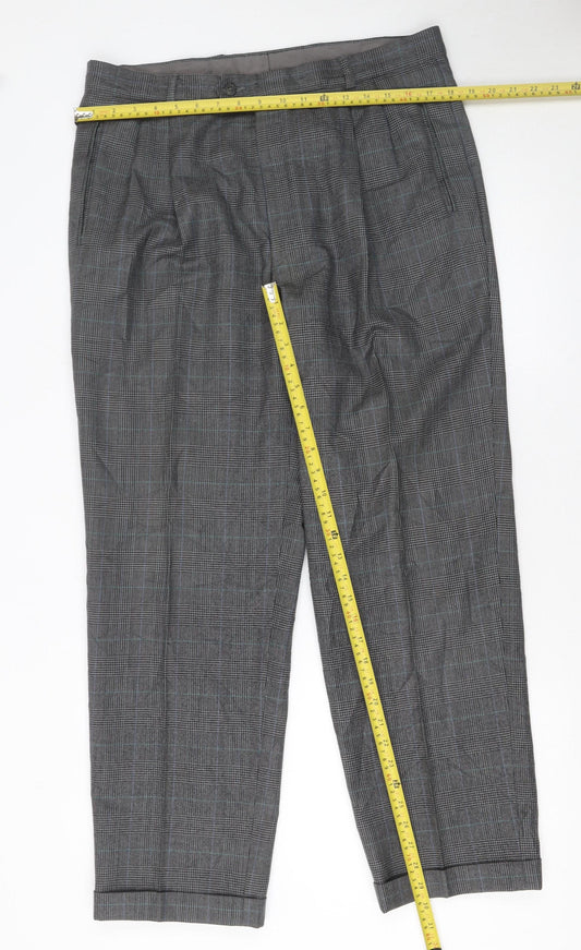 Jaeger Mens Grey Checked Wool Pleated Dress Trousers Size 36L