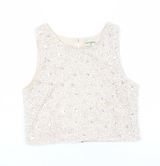 Lace & Beads Womens Beige Sequin Cropped Tank Top Size 14