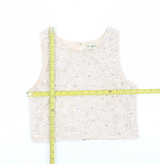 Lace & Beads Womens Beige Sequin Cropped Tank Top Size 14