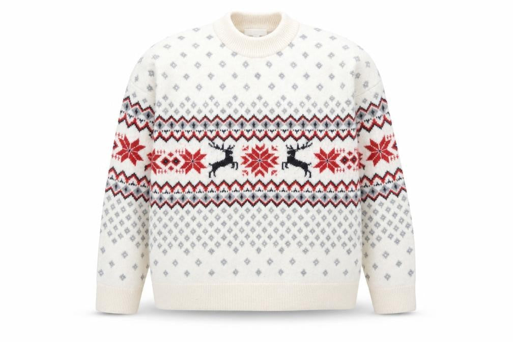H&M Men's Ivory Fair Isle Christmas Jumper Size L Wool Blend Knitwear