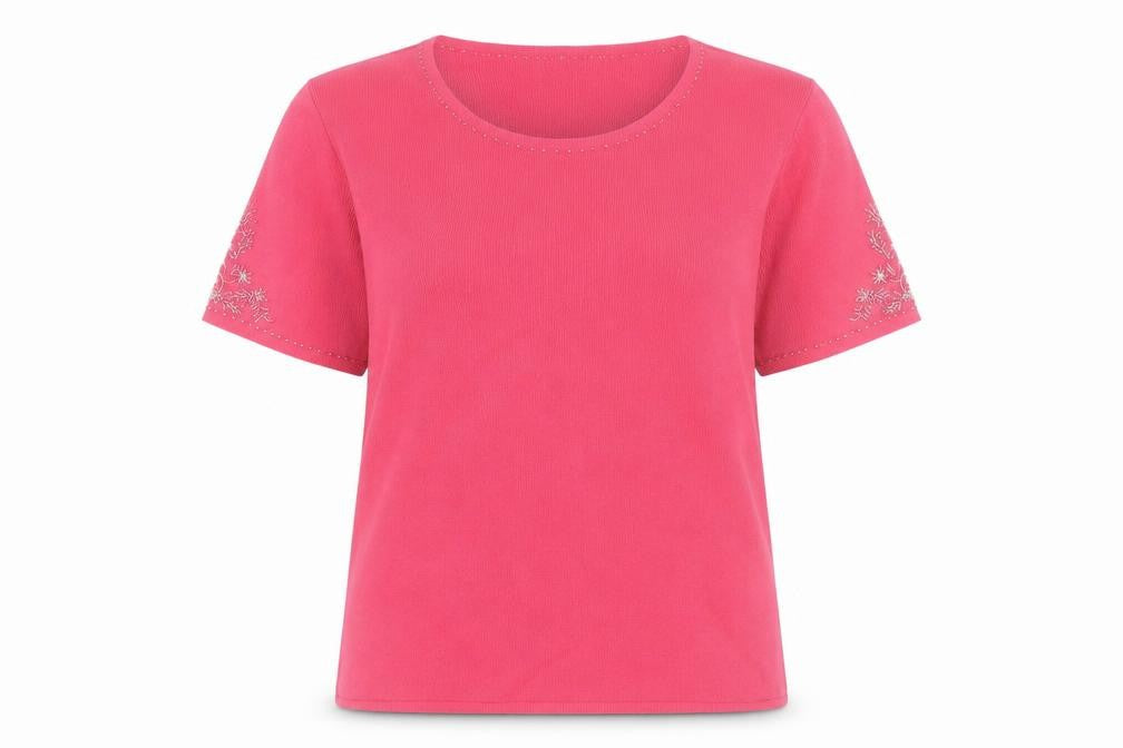 Eternal Collection Women's Pink Beaded V-Neck Cotton Short Sleeve T-Shirt Size 14
