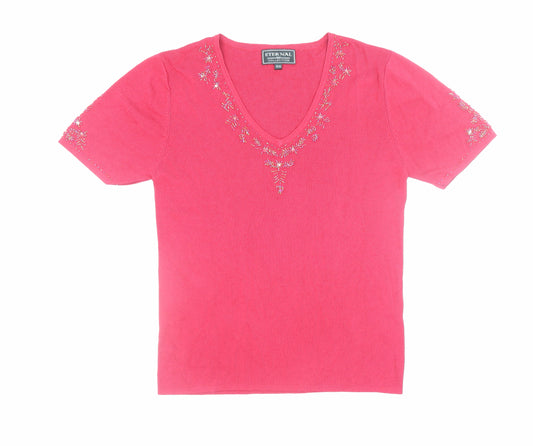 Eternal Collection Women's Pink Beaded V-Neck Cotton Short Sleeve T-Shirt Size 14