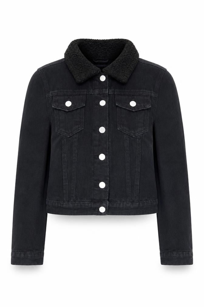 PRETTYLITTLETHING Women’s Black Cropped Denim Jacket Size 6 Petite
