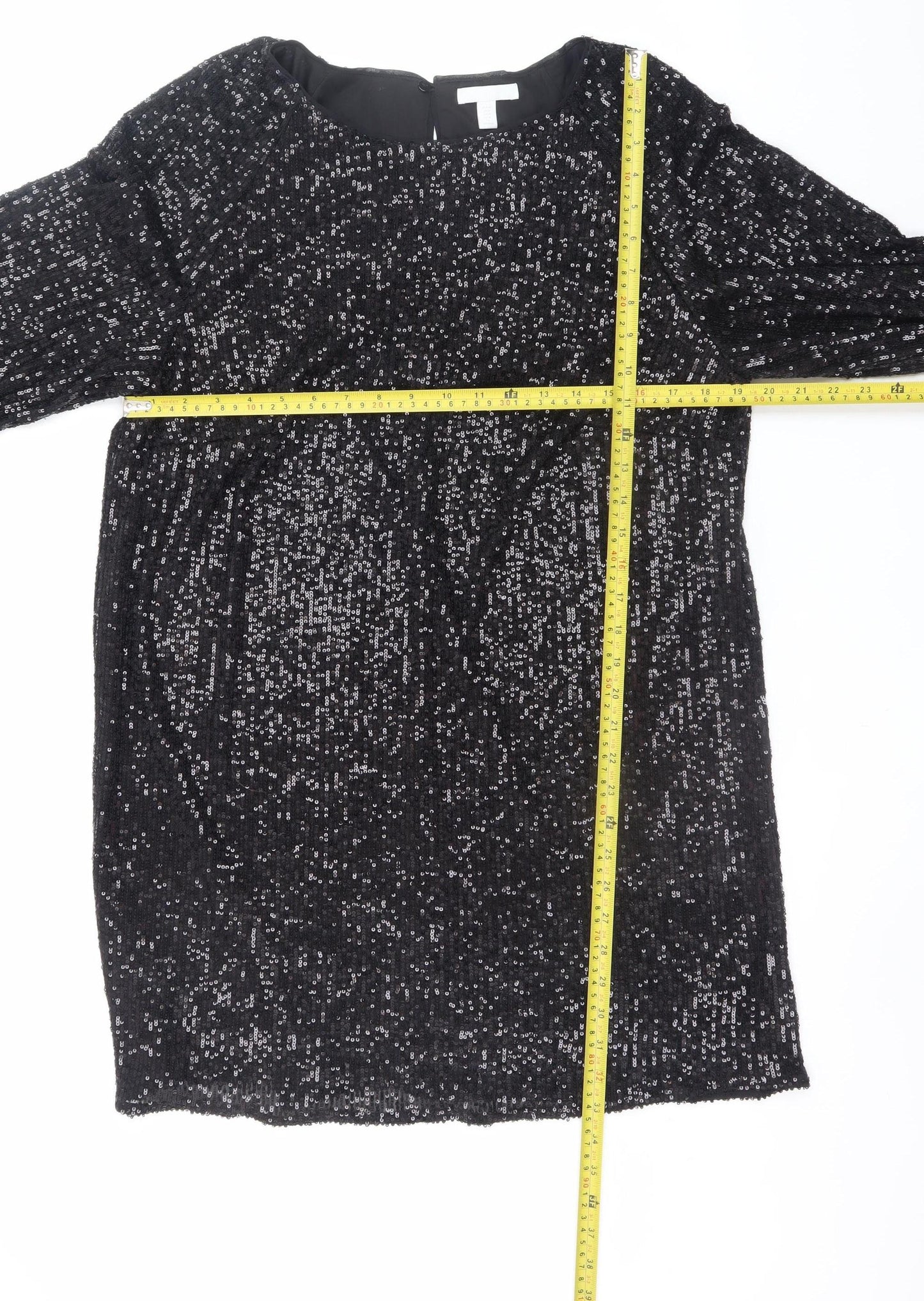 H&M Women Black Sequin Shift Dress Size 12 Party Cocktail 3/4 Sleeve