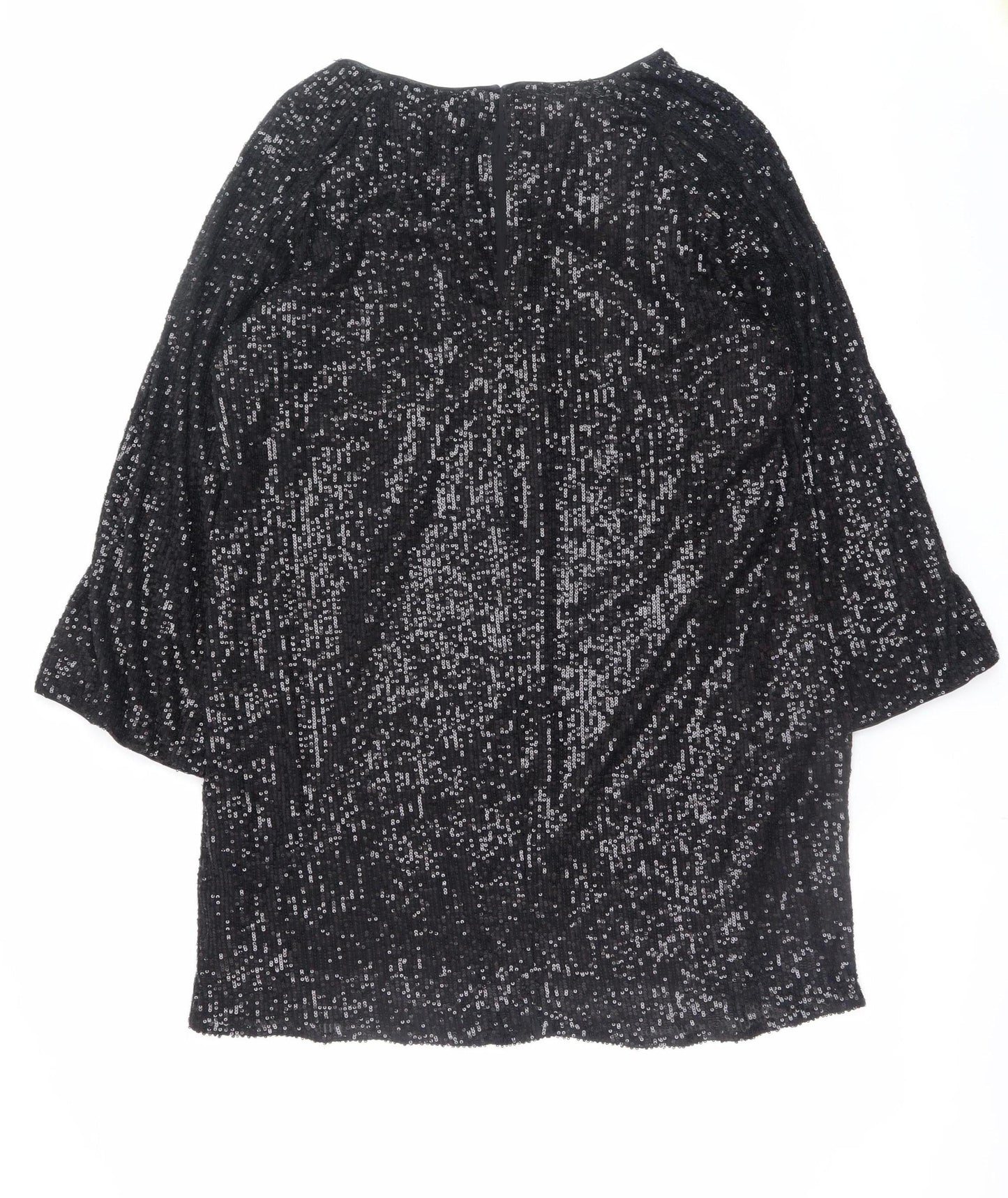 H&M Women Black Sequin Shift Dress Size 12 Party Cocktail 3/4 Sleeve