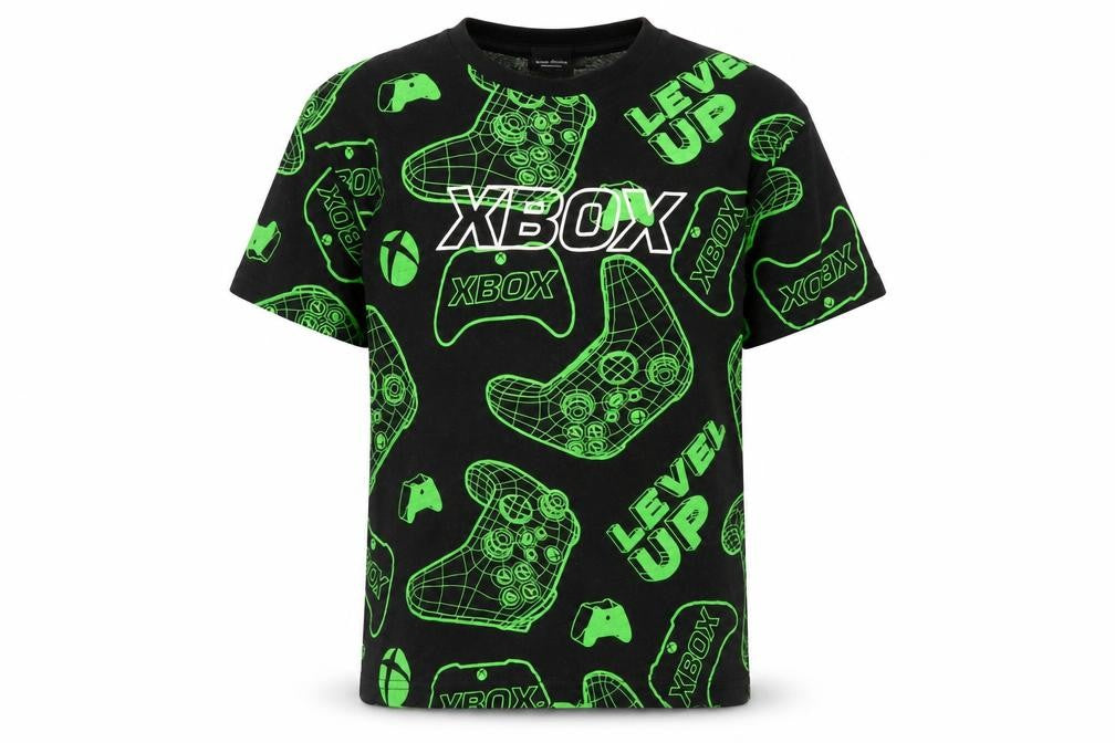 Front view of Xbox boys’ black green graphic print short sleeve gaming t-shirt, size 146/152