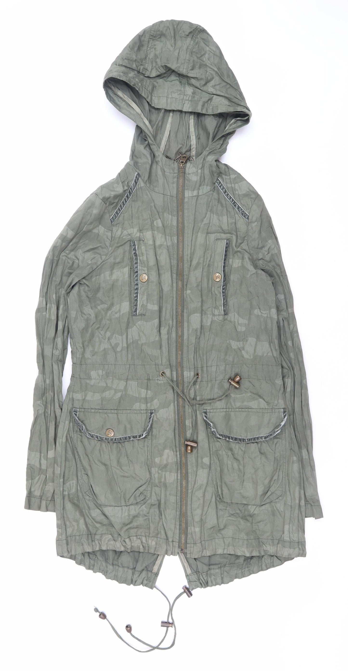 Lipsy Women Green Size 10 Hooded Parka Jacket with Zip & Drawstring