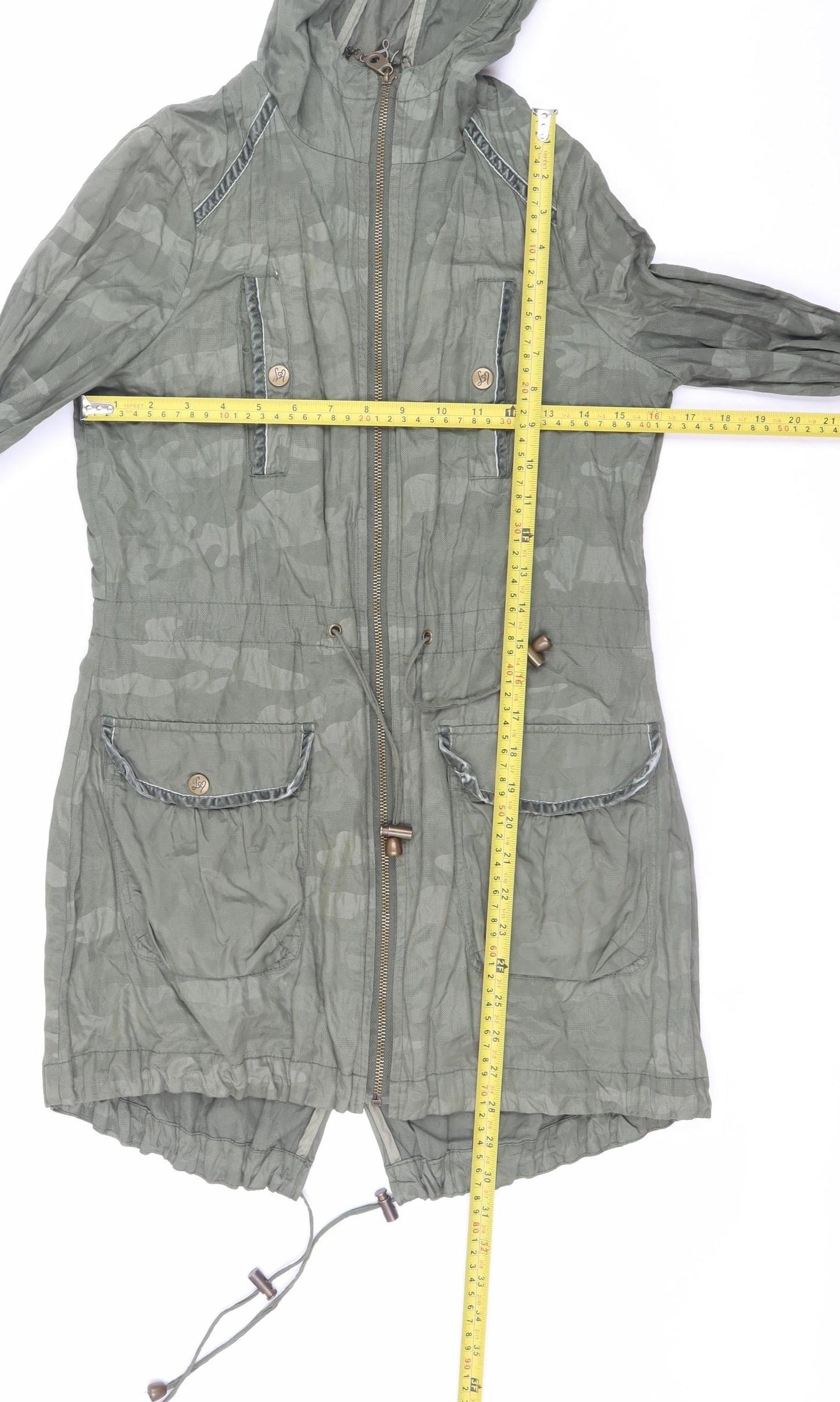 Lipsy Women Green Size 10 Hooded Parka Jacket with Zip & Drawstring