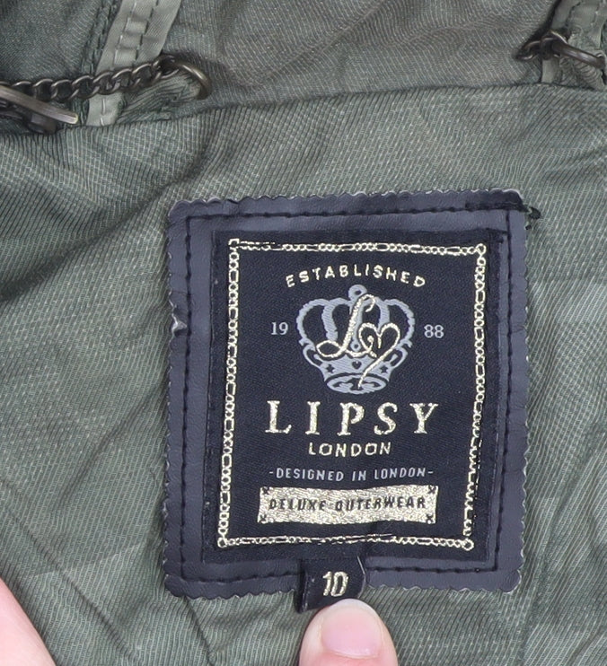 Lipsy Women Green Size 10 Hooded Parka Jacket with Zip & Drawstring
