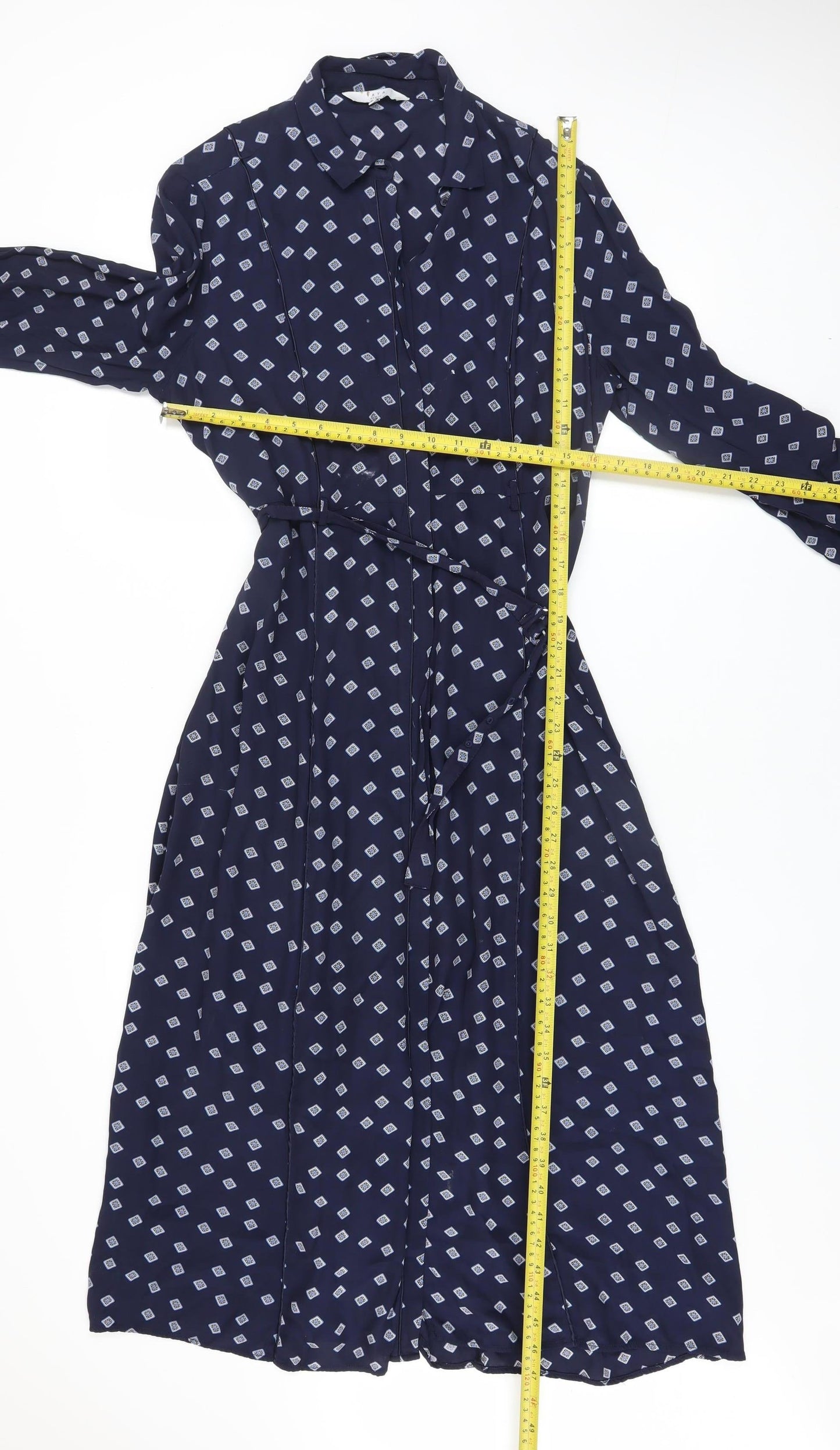 YAYA Women Blue Geometric Midi Shirt Dress Size 10 Long Sleeve
