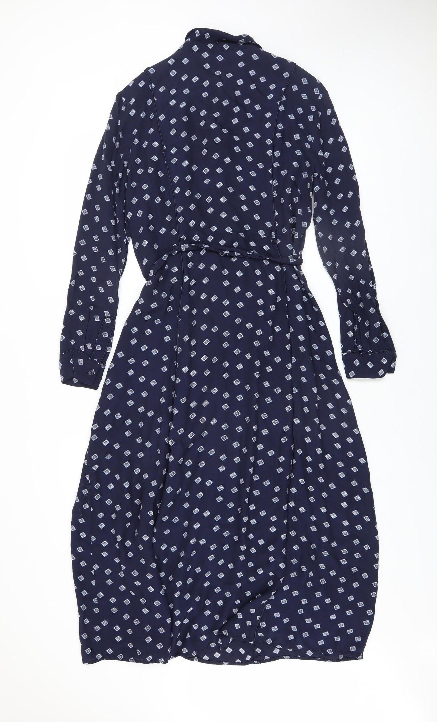 YAYA Women Blue Geometric Midi Shirt Dress Size 10 Long Sleeve
