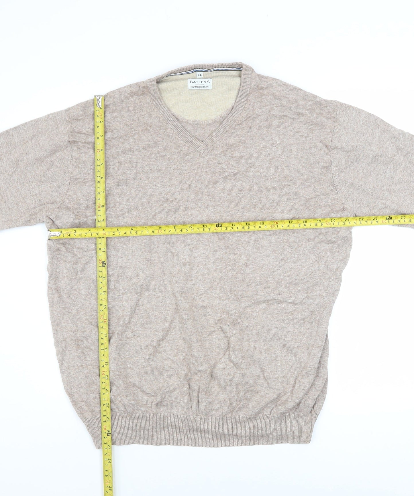 Baileys Men's Beige XL Cotton V-Neck Pullover Jumper