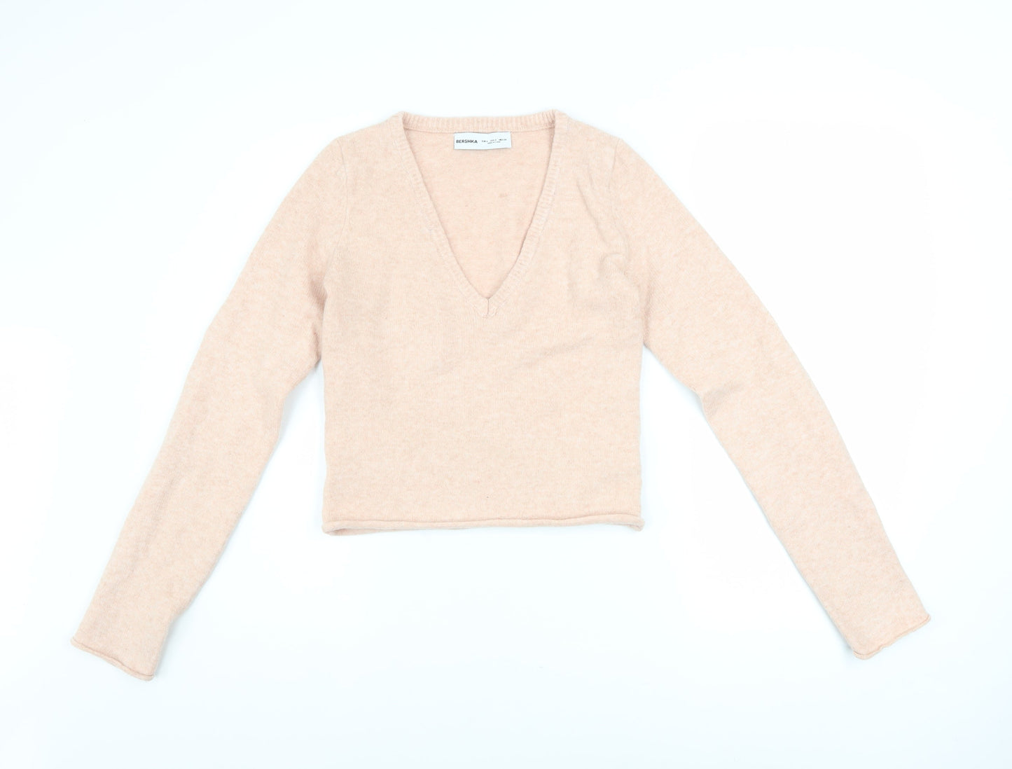 Bershka Womens Beige V-Neck Slim Fit Long Sleeve Pullover Jumper Size S