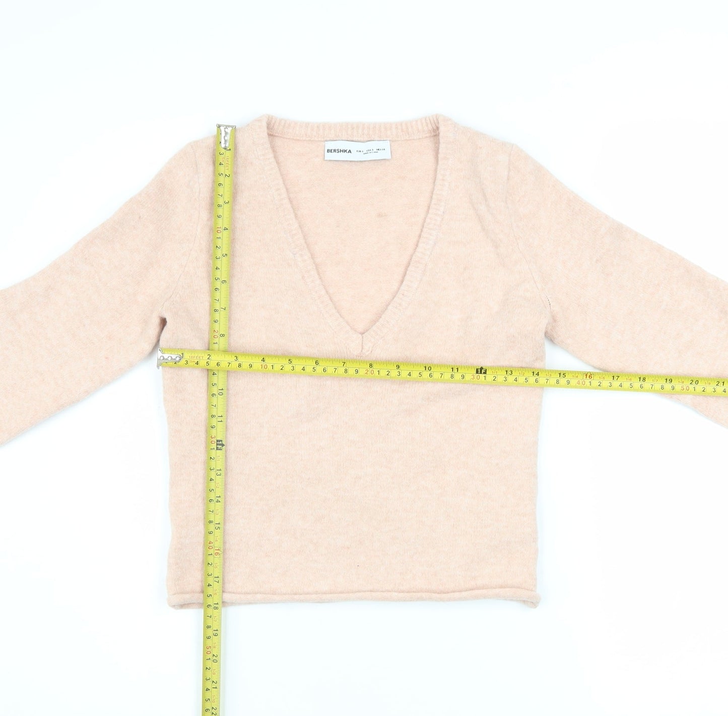 Bershka Womens Beige V-Neck Slim Fit Long Sleeve Pullover Jumper Size S