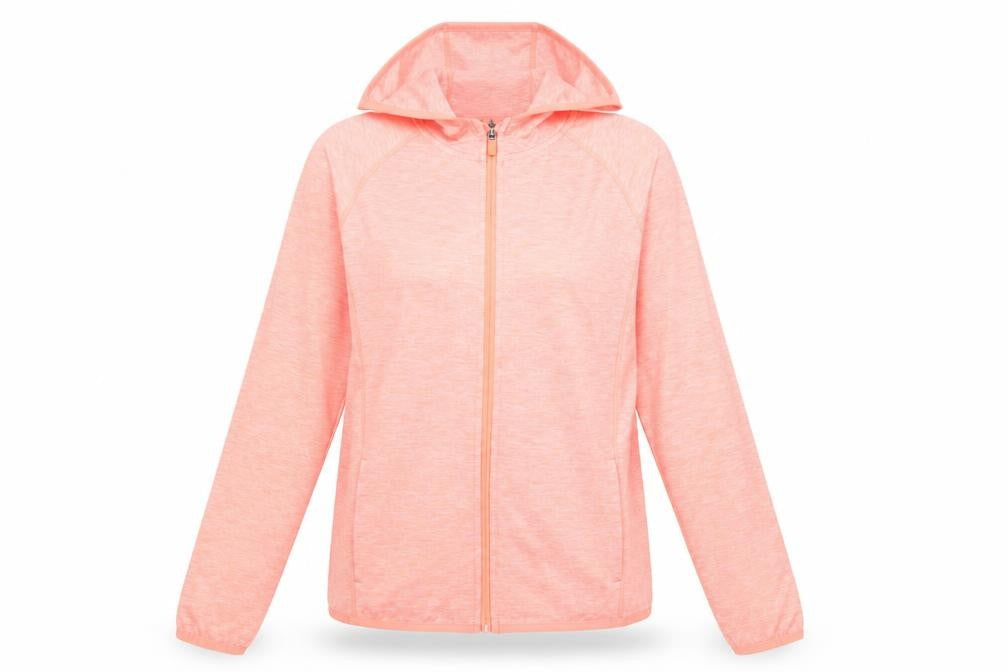 Front view of Dunnes women’s pink hooded full zip activewear jacket, size UK 8
