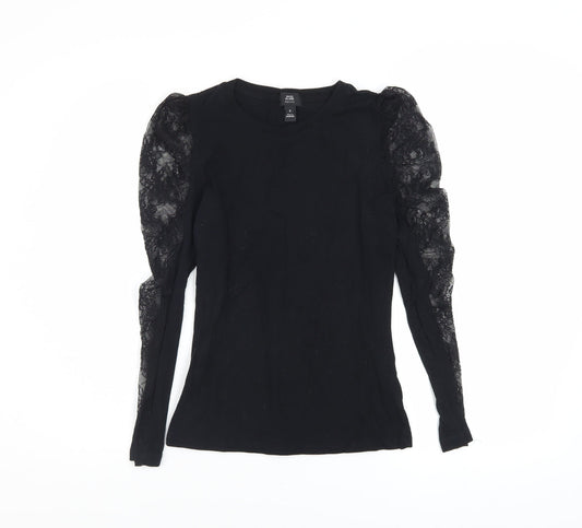 River Island Petite Black Lace Puff Sleeve Cotton Blouse UK 6