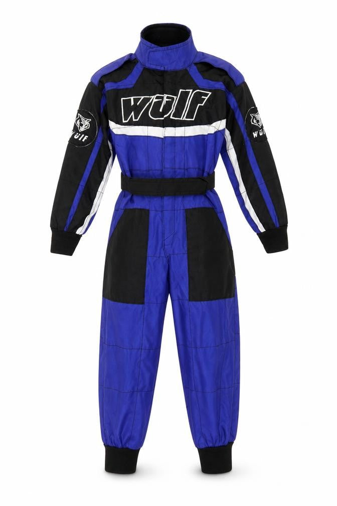 Front view of Wulf boys’ blue black racing track pants 4 years insulated waterproof