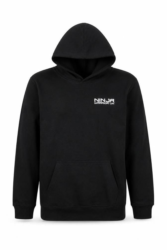 Front view of Just Hoods boys’ black xl pullover hoodie ninja warrior uk graphic print