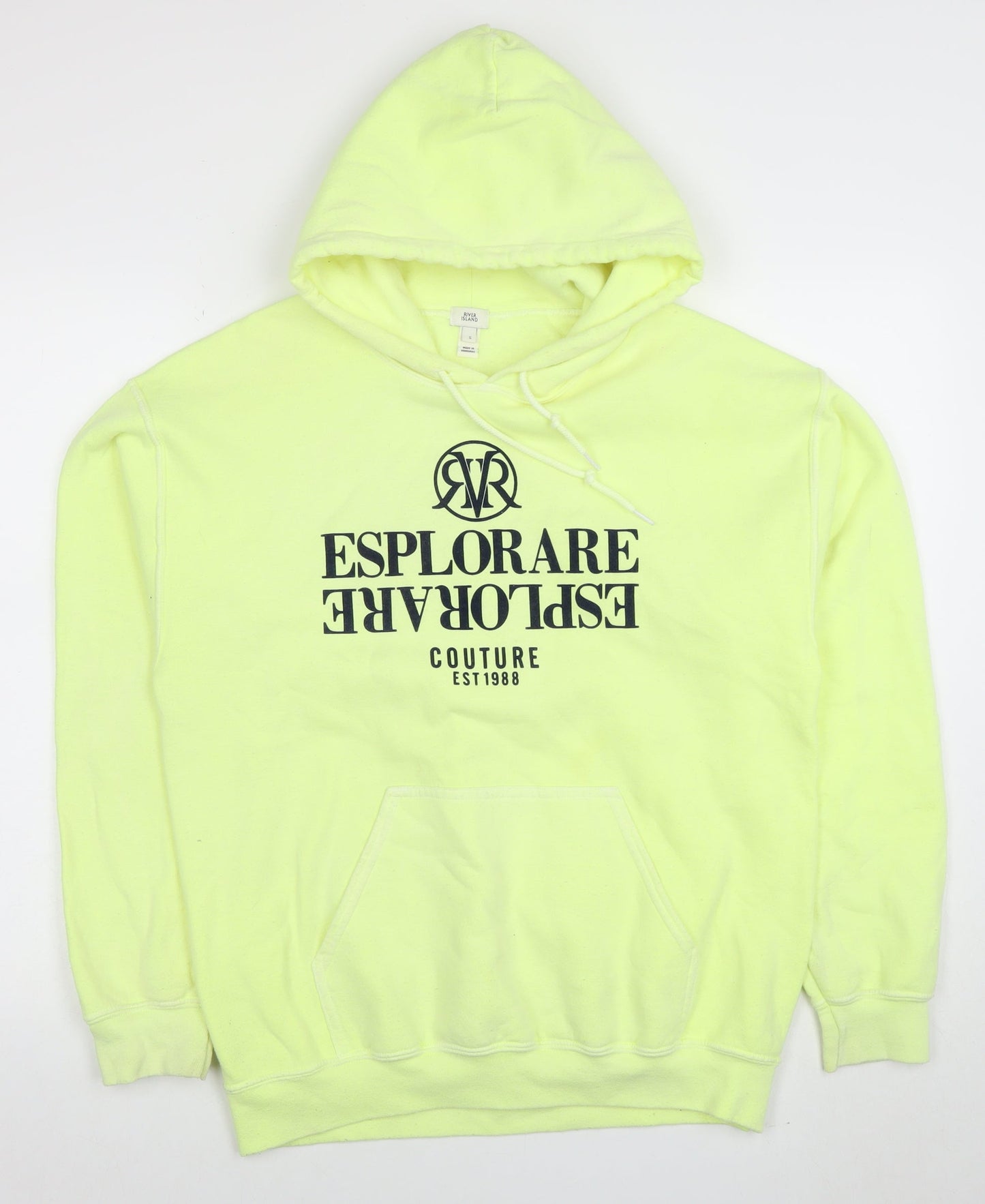 River Island Mens Yellow Pullover Hoodie S Graphic Print Fleece