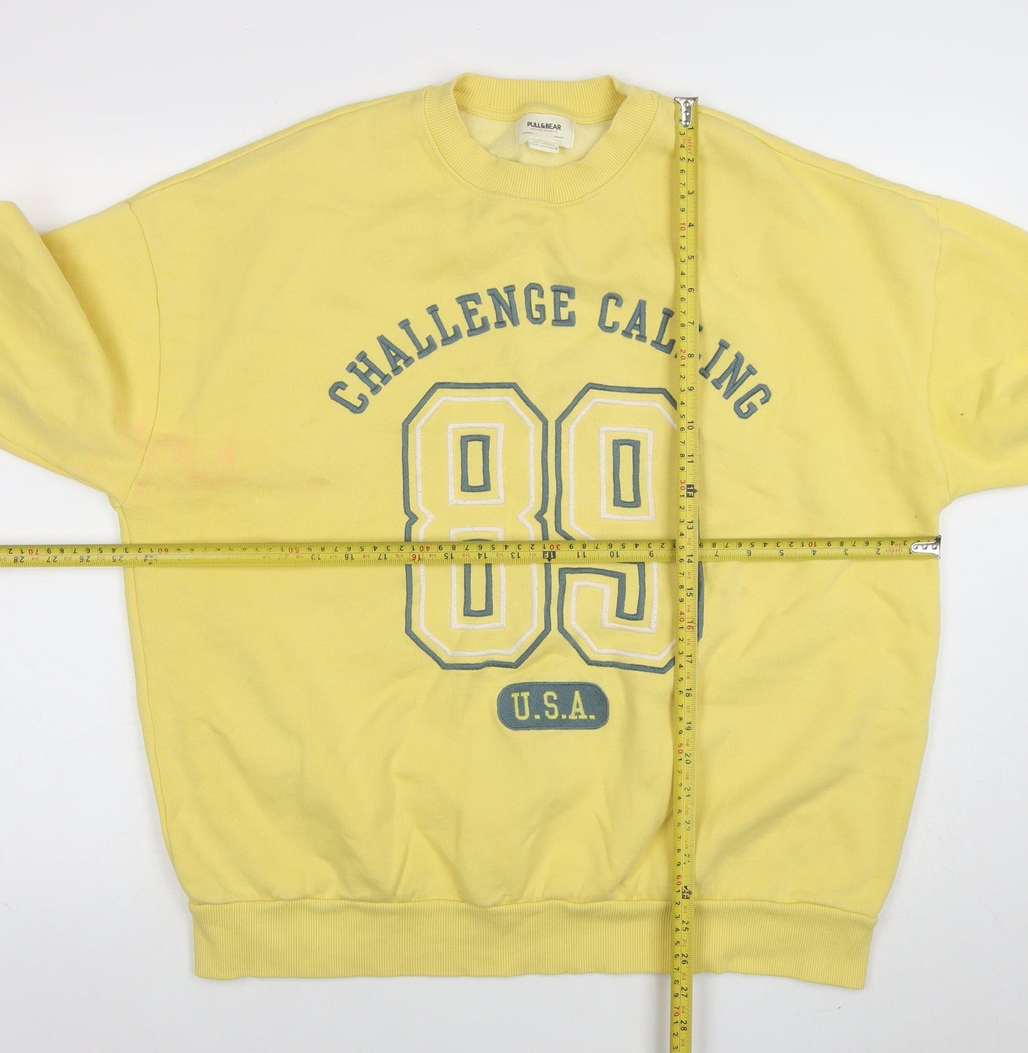Pull&Bear Women Yellow Graphic 89 Crew Neck Pullover Sweatshirt M
