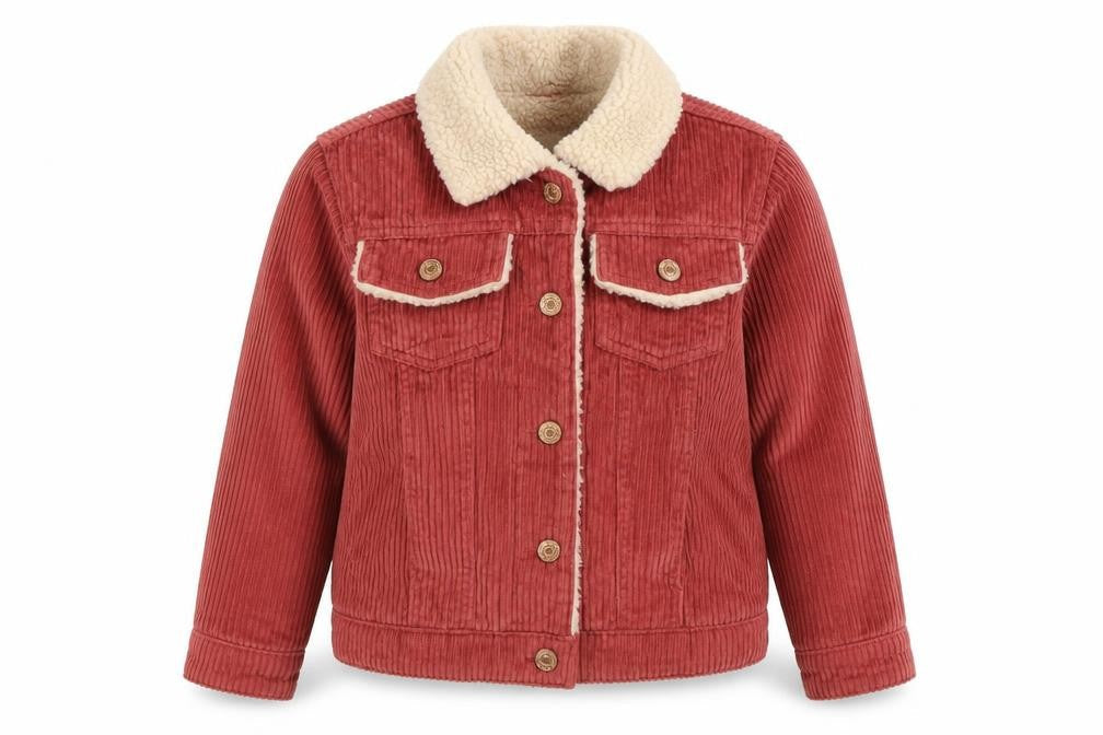 Front view of Next girls’ red corduroy sherpa lined jacket 8 years winter casual coat