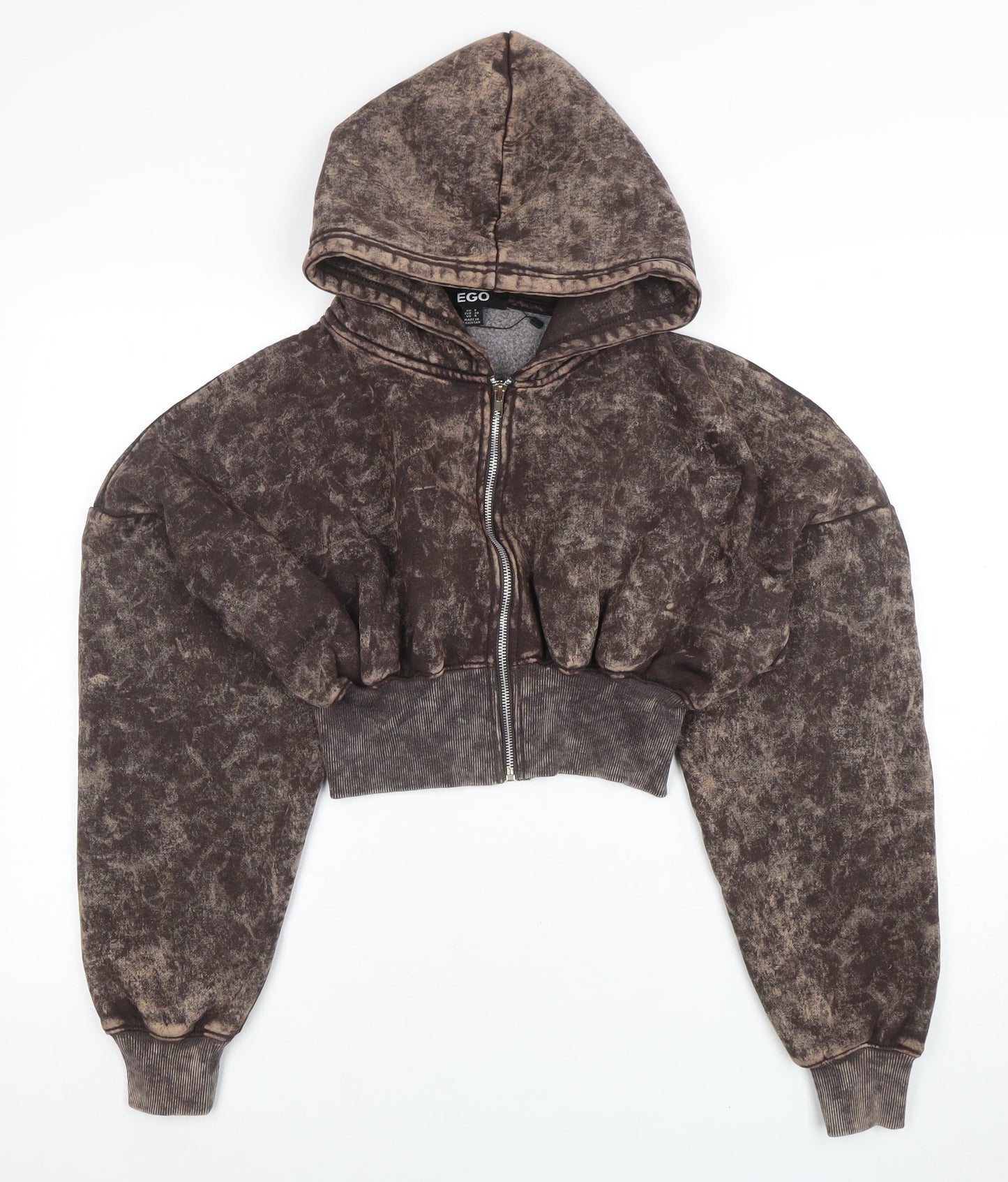 EGO Women Brown Acid Wash Cropped Full Zip Hoodie UK 8