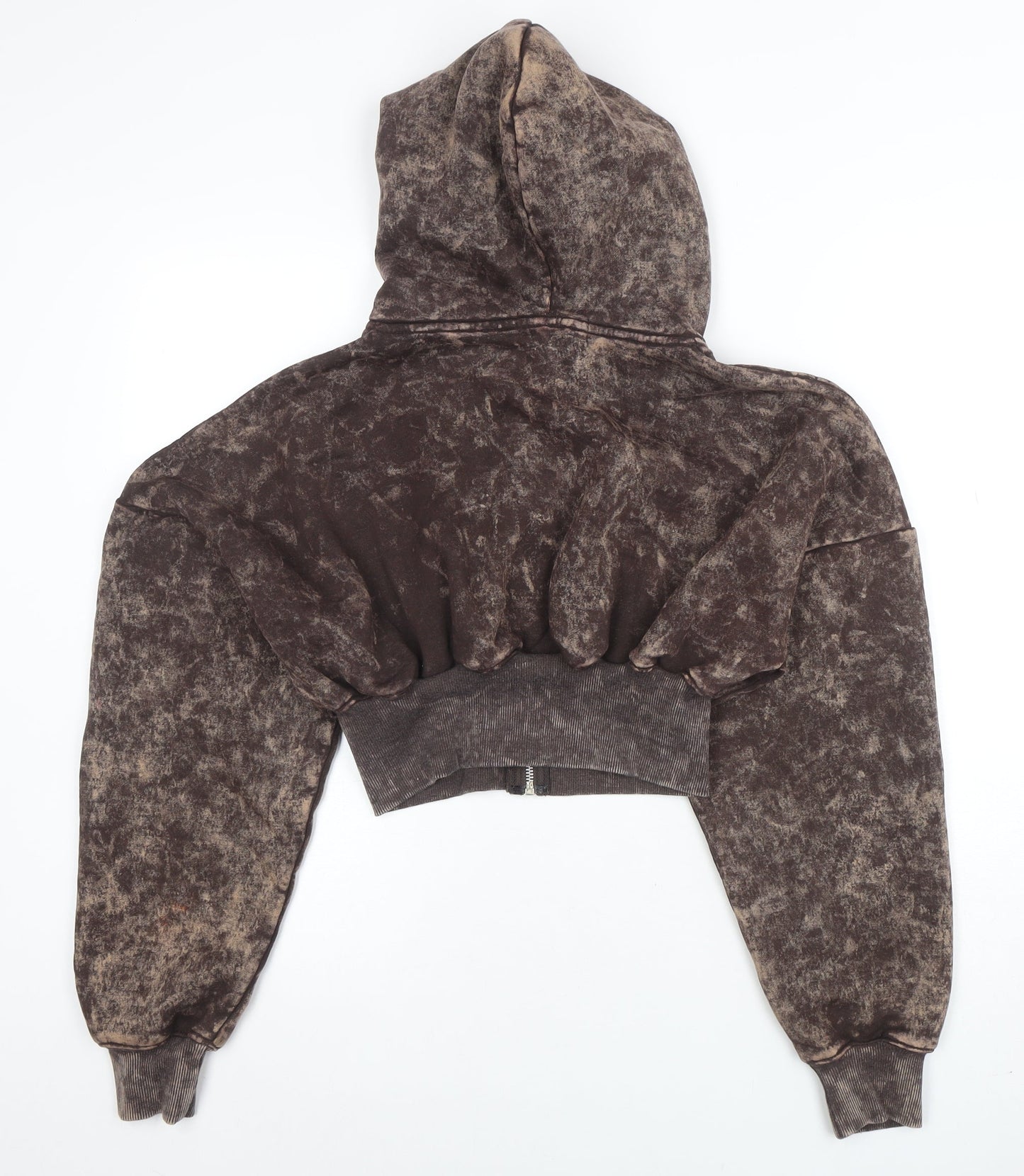 EGO Women Brown Acid Wash Cropped Full Zip Hoodie UK 8