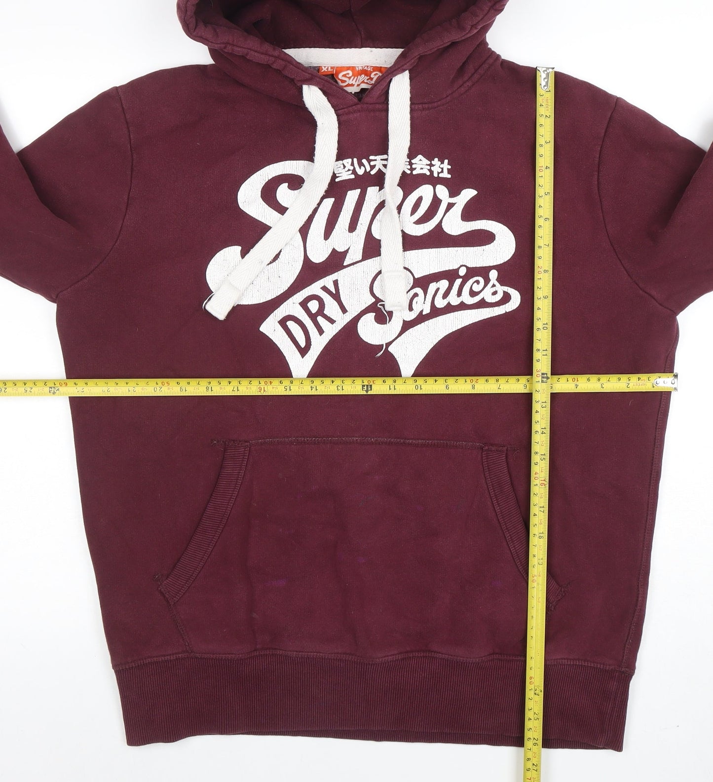 Superdry Men Red Pullover Hoodie XL Logo Vintage Fleece