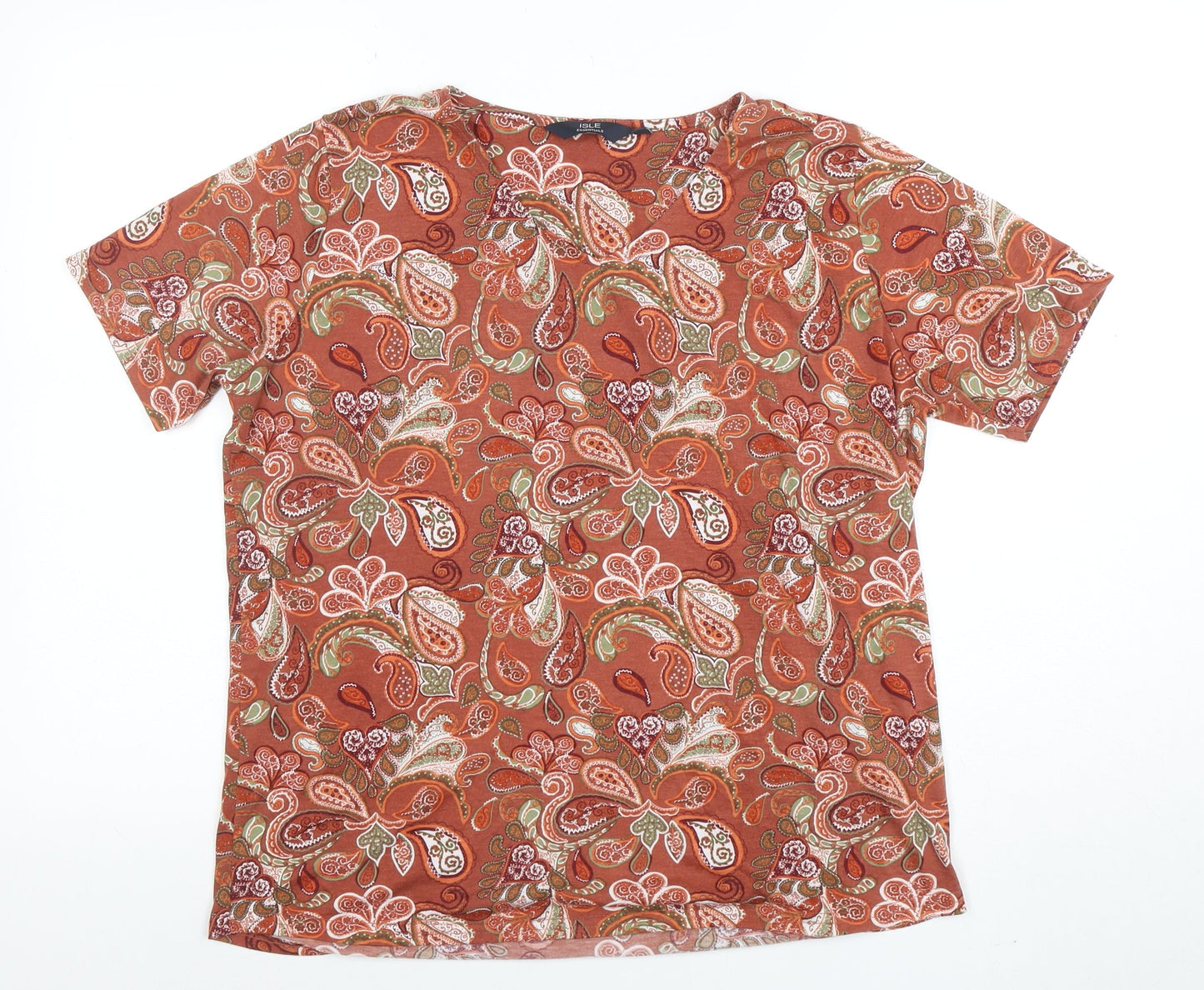 Isle Essentials Women’s Brown Paisley Polyester Short Sleeve T-Shirt Size M 14-16