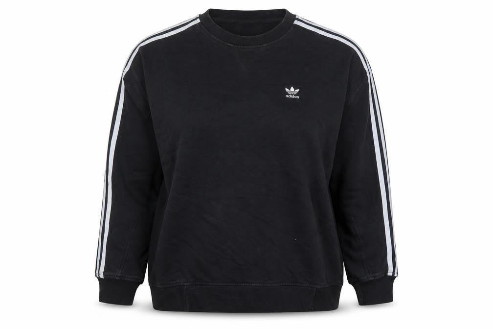 Front view of Adidas women’s black crew neck pullover sweatshirt, size UK 12, cotton