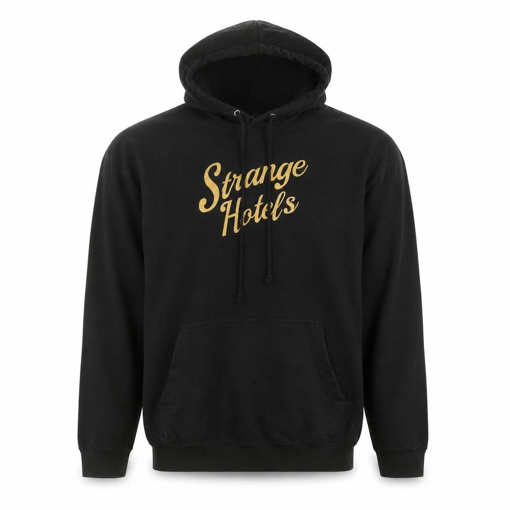 Front view of Just Hoods men’s black pullover hoodie l graphic strange hotels