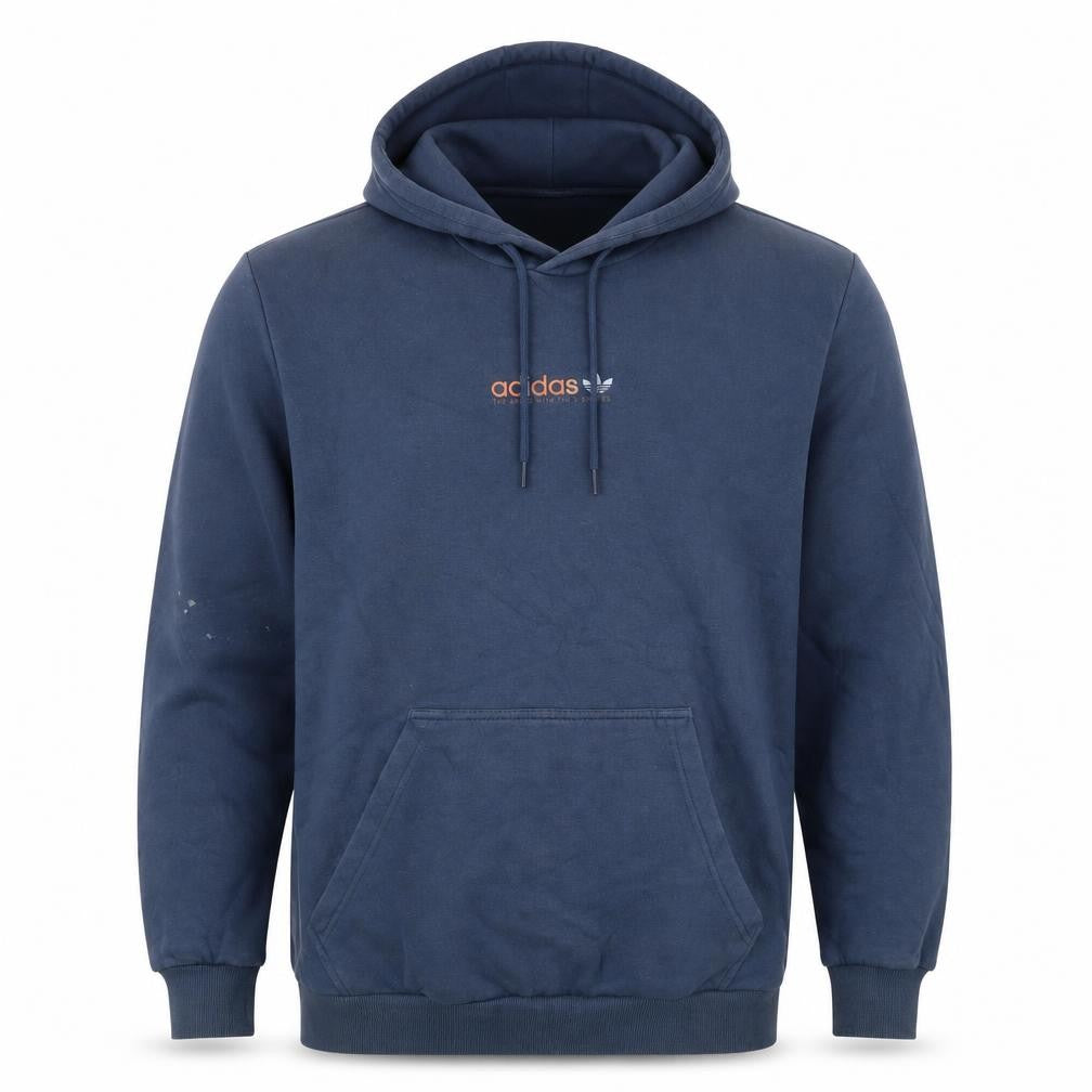 Front view of Adidas Men’s Blue Pullover Hoodie, size L, Sports Fleece Sweatshirt