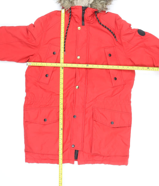 Jack & Jones Mens Red Parka Coat M Windproof Water Resistant Faux Fur Hood