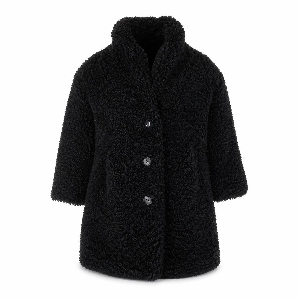 Front view of Next girls’ black faux fur fleece coat, size 3, years button up winter jacket